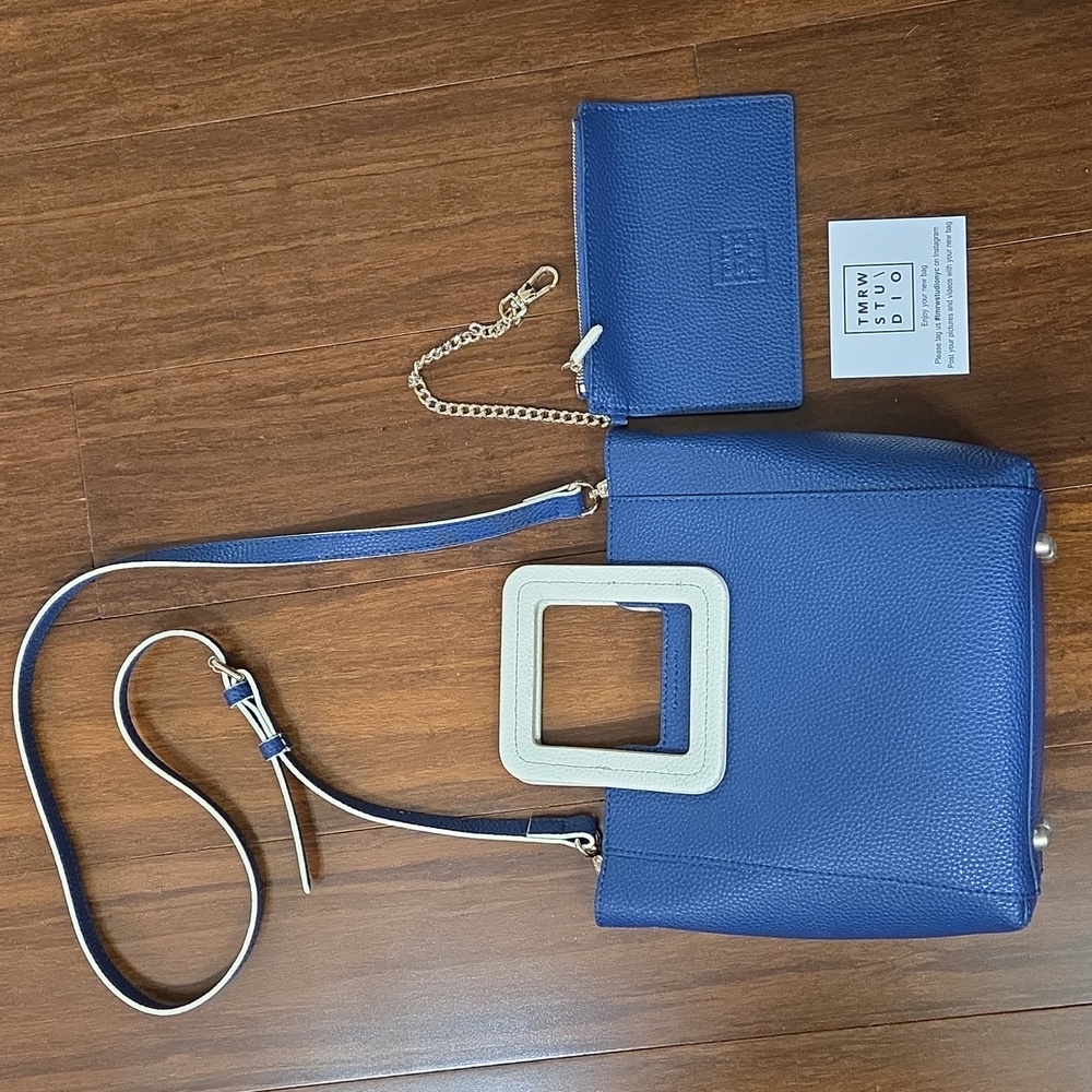 TMRW STUDIO MINI ANTONIO SQUARE CROSSBODY PURSE BLUE WHITE PEBBLED LEATHER
